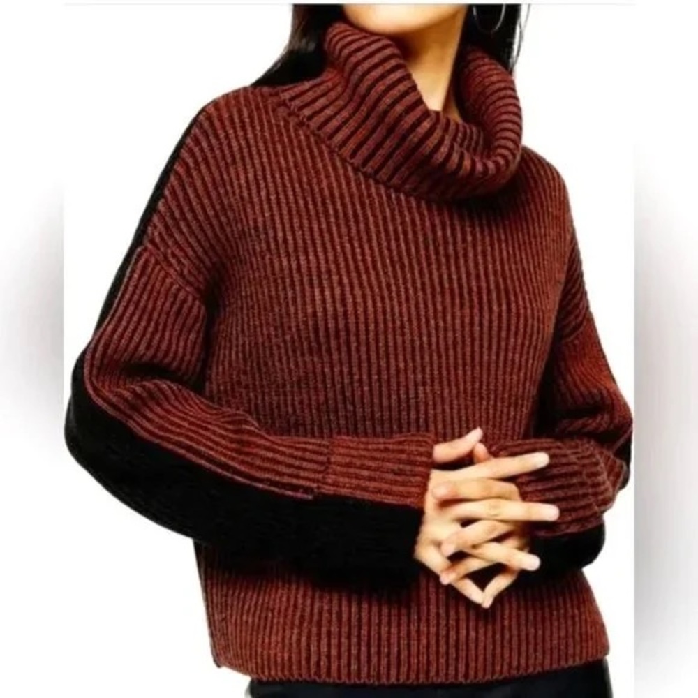 Topshop Brown Ribbed Cowl Neck Sweater